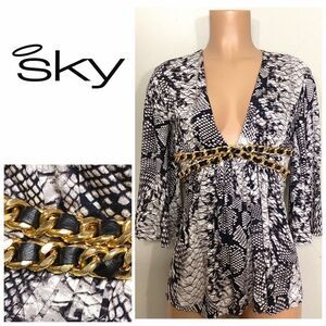 New. SKY snake print plunge neck top with chain detail. Retails $189